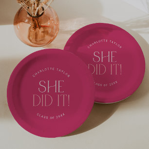 Modern Fete Hot Pink She Did It Graduation Paper Plate