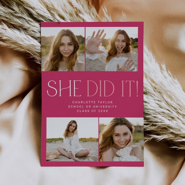 Modern Fete | Hot Pink She Did It Photo Graduation Announcement (Creator Uploaded)