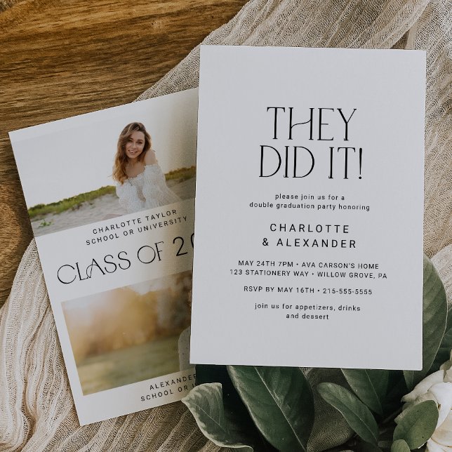 Modern Fete Minimal Photo Double Graduation Party Invitation (Creator Uploaded)