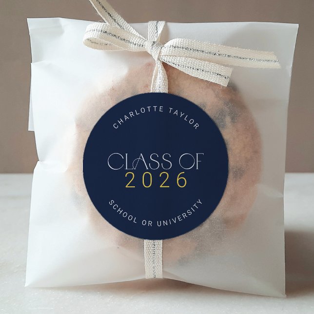 Modern Fete Navy Gold Class of 2025 Graduation Classic Round Sticker (Modern Fete Navy Gold Class of 2026 Graduation Classic Round Sticker)