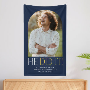 Modern Fete Navy Gold He Did It Photo Graduation Banner