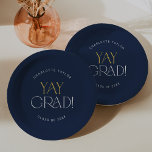 Modern Fete Navy Gold Yay Grad Graduation Paper Plate<br><div class="desc">These modern fete navy gold yay grad graduation paper plates are perfect for a simple grad party. The design features elegant boho typography with a touch of sophisticated style in classy navy blue and yellow gold.

Personalise your paper plates with the name of the graduate and class year.</div>