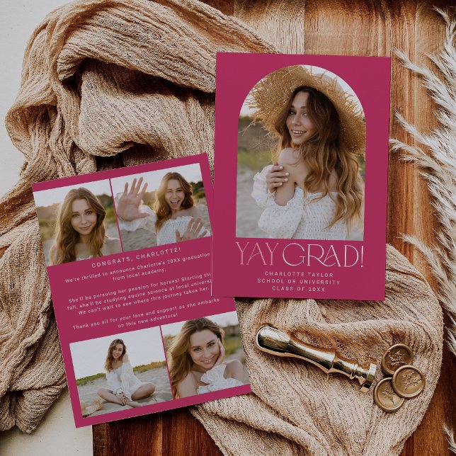 Modern Fete | Pink Yay Grad Photo Arch Graduation Announcement (Creator Uploaded)