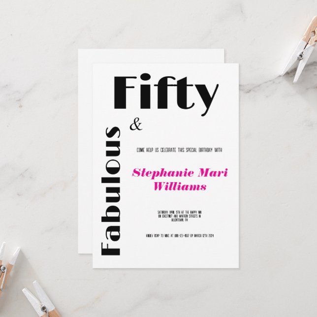 Modern Fifty and Fabulous black pink Birthday Invitation (Front/Back In Situ)