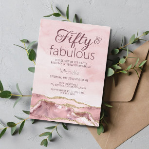 Modern Fifty and Fabulous Blush Pink Gold Agate  Invitation