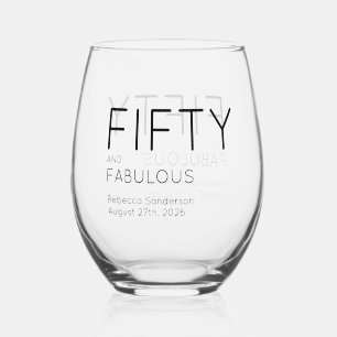 Modern Fifty and Fabulous Bold 50th Birthday Party Stemless Wine Glass