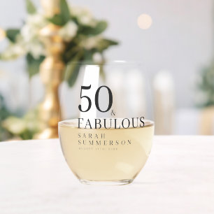 Modern Fifty and Fabulous Bold 50th Birthday Party Stemless Wine Glass