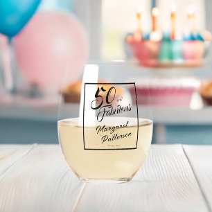 Modern Fifty and Fabulous Bold 50th Birthday Party Stemless Wine Glass