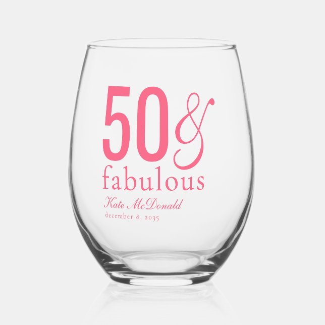 Modern Fifty and Fabulous Bold 50th Birthday Party Stemless Wine Glass (Front)