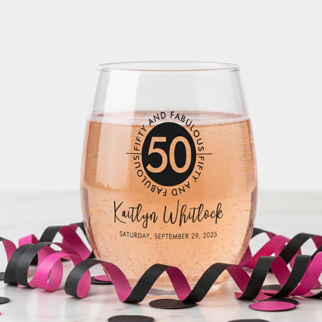 Modern Fifty and Fabulous Bold 50th Birthday Party Stemless Wine Glass (elegant bold black and white fifty and fabulous 50th birthday party custom name date stemless glass)