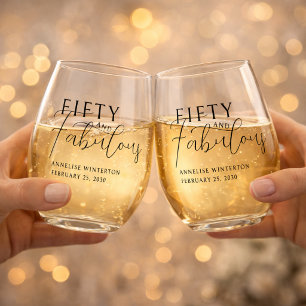 Modern Fifty and Fabulous Bold 50th Birthday Party Stemless Wine Glass