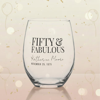 Modern Fifty and Fabulous Bold 50th Birthday Party Stemless Wine Glass
