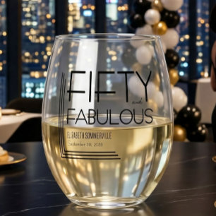 Modern Fifty and Fabulous Bold 50th Birthday Party Stemless Wine Glass