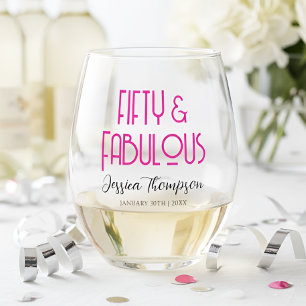 Modern Fifty and Fabulous Name 50th Birthday Party Stemless Wine Glass