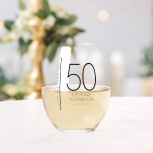 Modern Fifty and Fabulous Name Date 50th Birthday Stemless Wine Glass