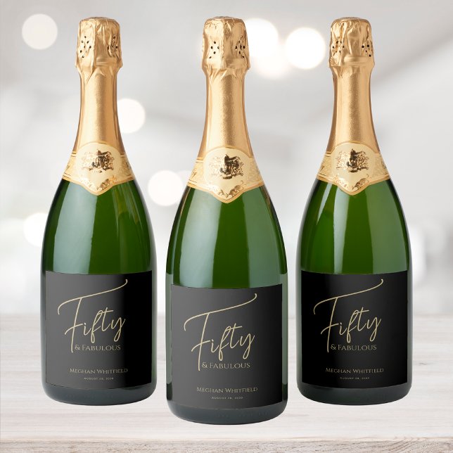 Modern Fifty and Fabulous Script 50th Birthday Sparkling Wine Label (Creator Uploaded)