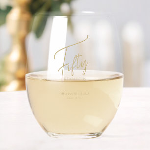 Modern Fifty and Fabulous Script 50th Birthday Stemless Wine Glass
