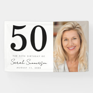 Modern Fifty Black White Photo 50th Birthday Party Banner