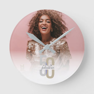 Modern Fifty & Fabulous 50th Birthday Elegant Round Clock