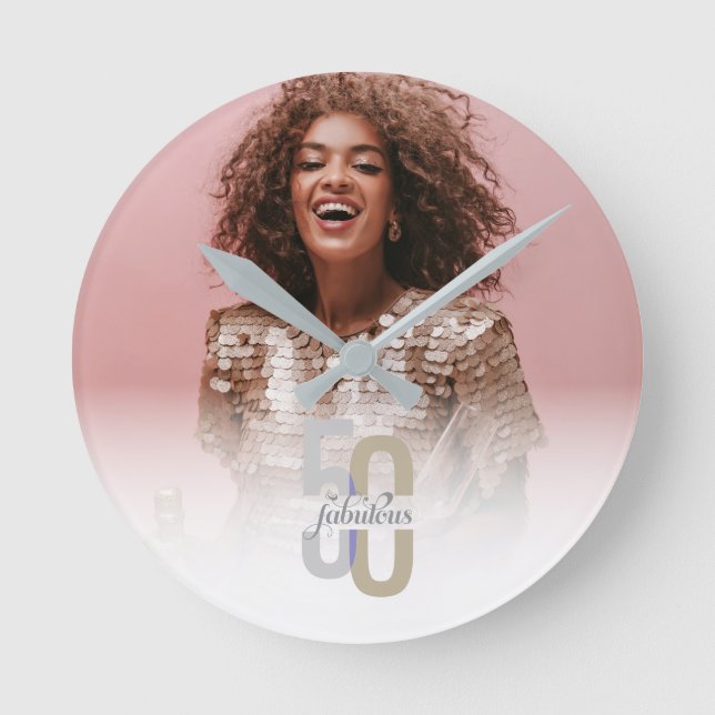 Modern Fifty & Fabulous 50th Birthday Elegant Round Clock (Front)