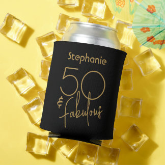 Modern Fifty & Fabulous Gold Script 5oth Birthday Can Cooler