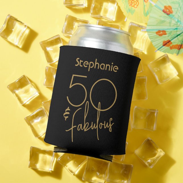 Modern Fifty & Fabulous Gold Script 5oth Birthday Can Cooler (In Situ Summer)