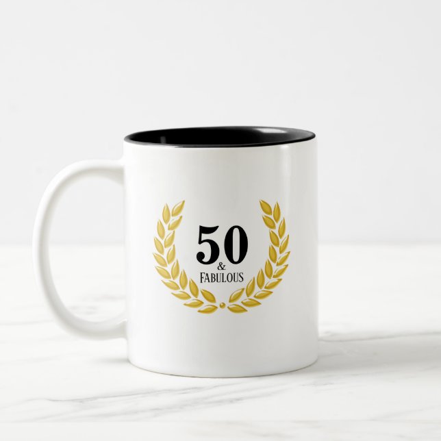 Modern Fifty & Fabulous with Laurel Wreath Two-Tone Coffee Mug (Left)