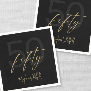 Modern Fifty Gold Script Black 50th Birthday Party Napkin