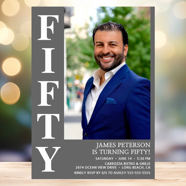 Modern FIFTY Photo 50th Birthday Party Invitation (Creator Uploaded)