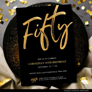 Modern Fifty Script Gold Black 50th Birthday Invitation
