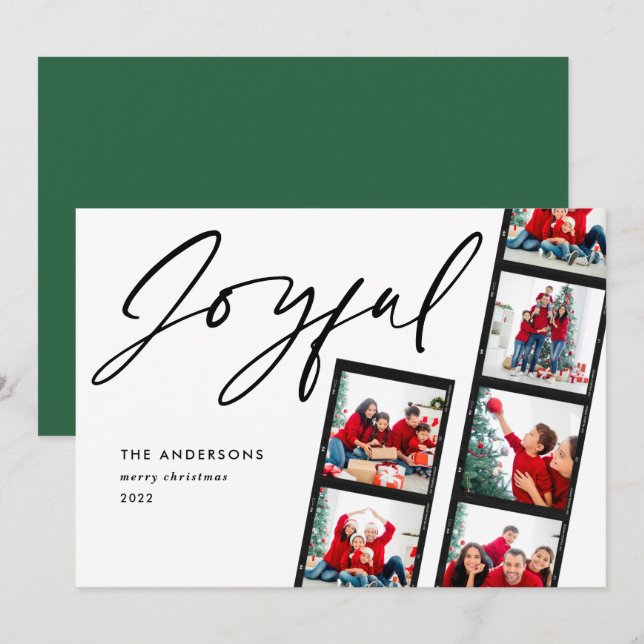 Modern film strip 5 Photo Joyful Christmas green Holiday Card (Front/Back)