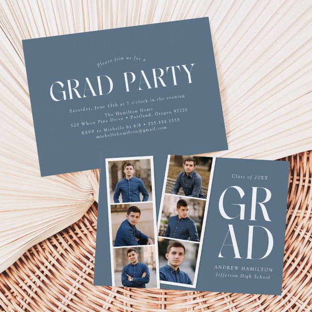 Modern Filmstrip Blue 6 Photo Graduation Party Invitation (Creator Uploaded)