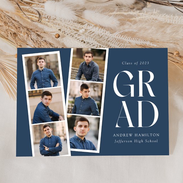 Modern Filmstrip Navy 6 Photo Collage Graduation Announcement (Creator Uploaded)
