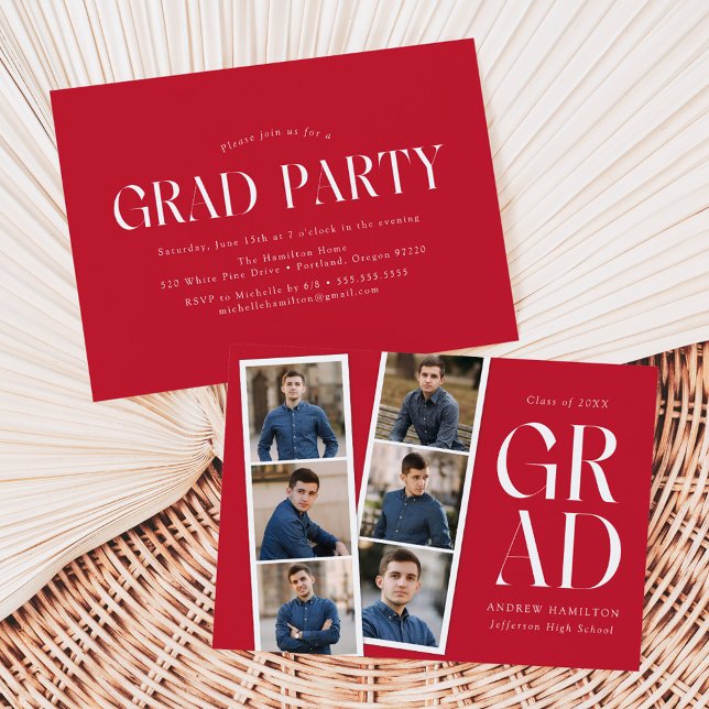 Modern Filmstrip Red 6 Photo Graduation Party Invitation (Creator Uploaded)