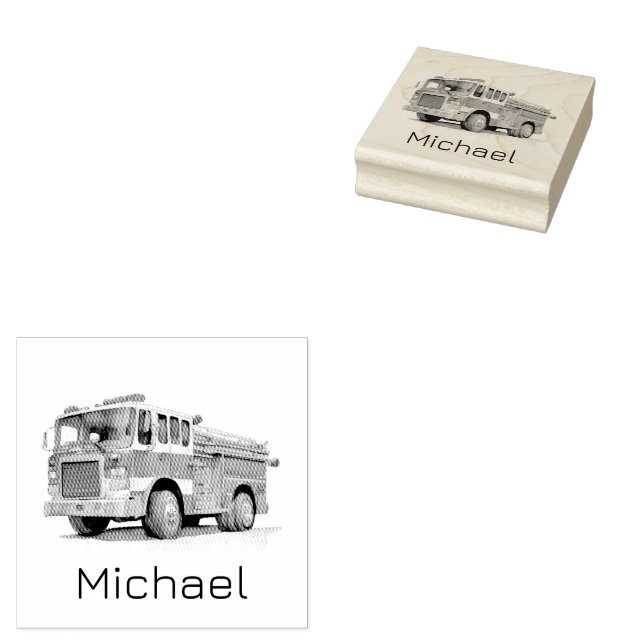 Modern Fire Truck Personalised Name  Rubber Stamp (Stamped)