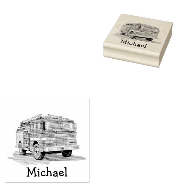 Modern Fire Truck Personalised Name  Rubber Stamp (Stamped)