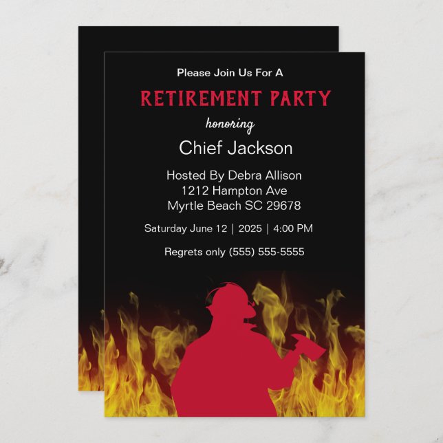 Modern Fireman/Fire Chief Silhouette Retirement   Invitation (Front/Back)