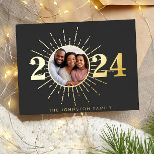 Modern Firework Happy New Year Photo  Foil Holiday Postcard