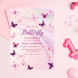 Modern First 1st Birthday Cute Pink Butterflies Invitation