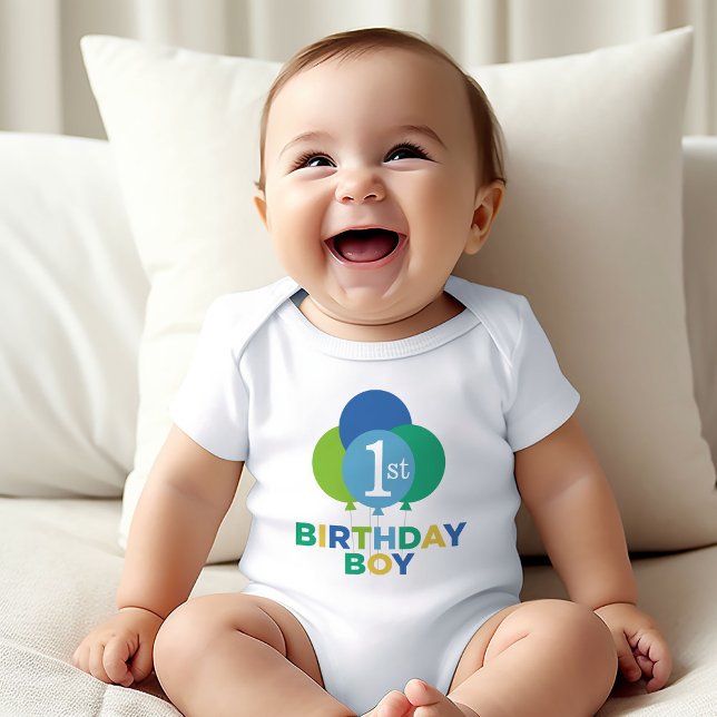 Modern First Birthday Baby Boy Blue Green Balloons Baby Bodysuit (Creator Uploaded)
