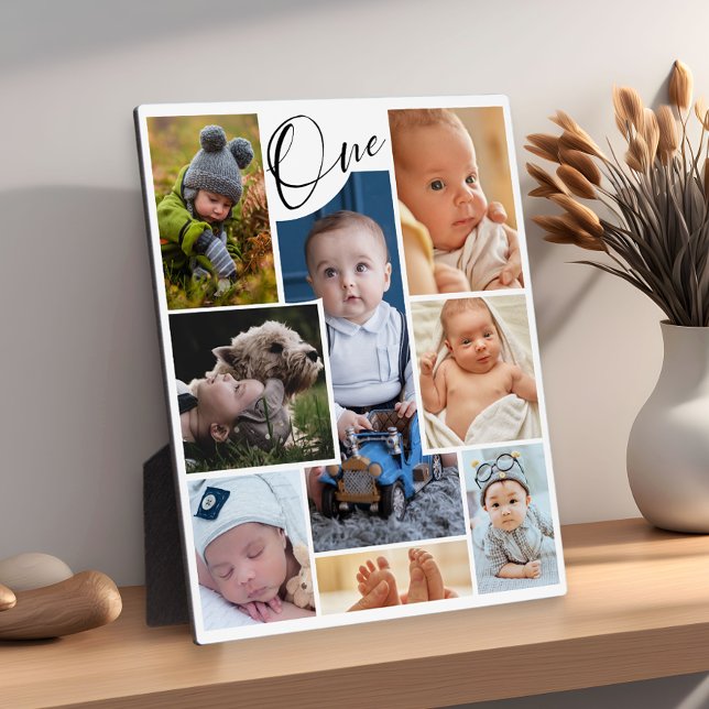 Modern First Birthday Photo Collage Keepsake Plaque (Creator Uploaded)