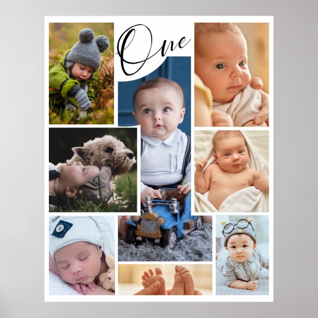 Modern First Birthday Photo Collage Keepsake  Poster (Front)