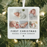 Modern First Christmas 5 Photos Metal Tree Decoration<br><div class="desc">Modern 5 multi photos on a grid displaying your favourite newborn infant photos for their first Christmas metal ornament.</div>