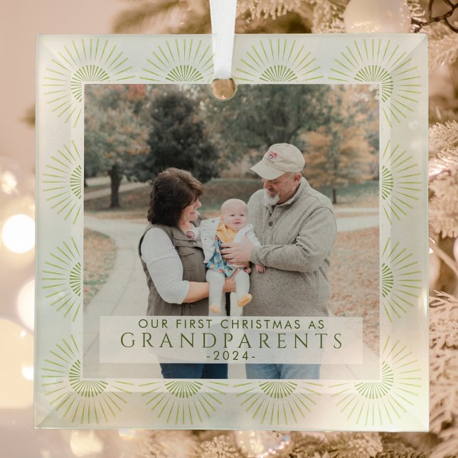 Modern First Christmas As Grandparents Photo Glass Tree Decoration (Creator Uploaded)