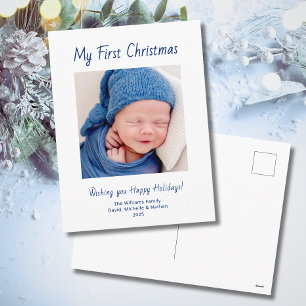 Modern First Christmas Baby Boy Photo Cute  Holiday Postcard