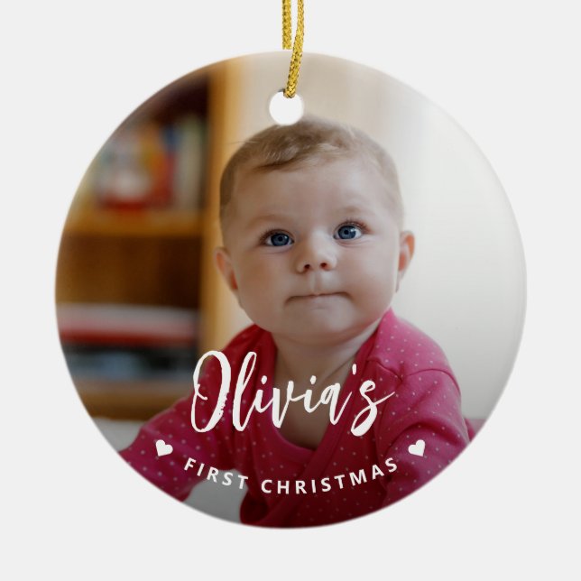 Modern First Christmas baby photo Ceramic Tree Decoration (Front)