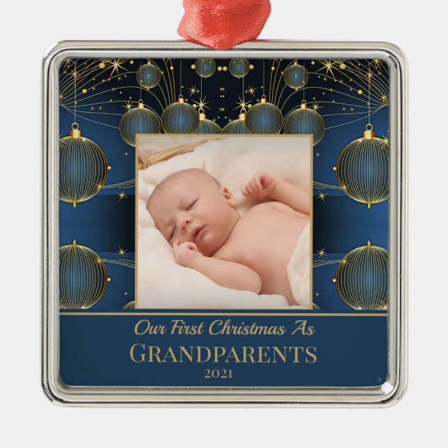 Modern First Christmas Blue Pattern Metal Tree Decoration (Front)