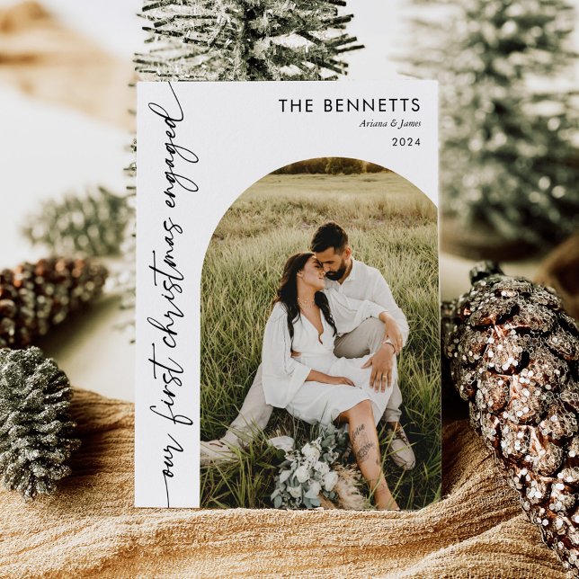 Modern First Christmas Engaged Boho Arch Photo Holiday Card (Creator Uploaded)