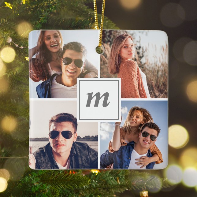 Modern First Christmas Engaged Couple Photo Ceramic Ornament (Modern First Christmas Engaged Couple Photo Ceramic Ornament)
