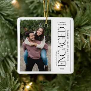 Modern First Christmas Engaged Couples Photo Ceramic Ornament